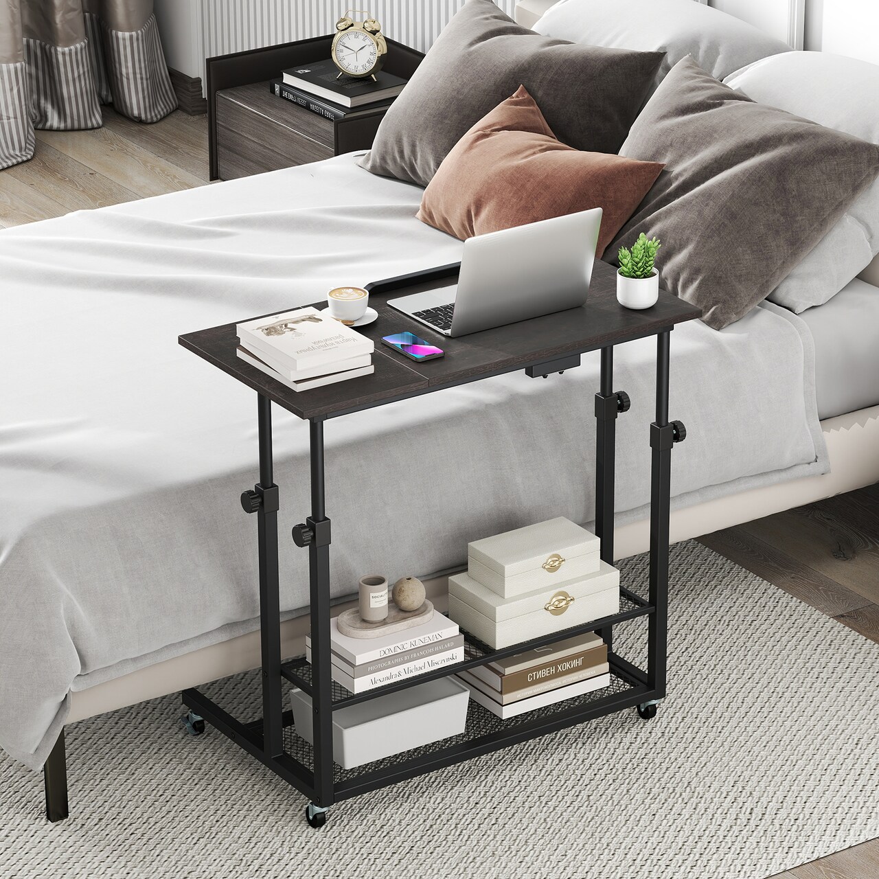 Adjustable Standing Desk with Tilt Top Rolling Laptop Table and Shelves for Home Office Use